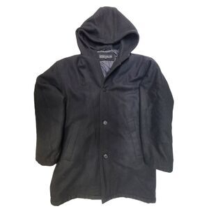 Perry Ellis Portfolio Men's Black Wool Blend Hooded Car Coat Jacket Large 35”